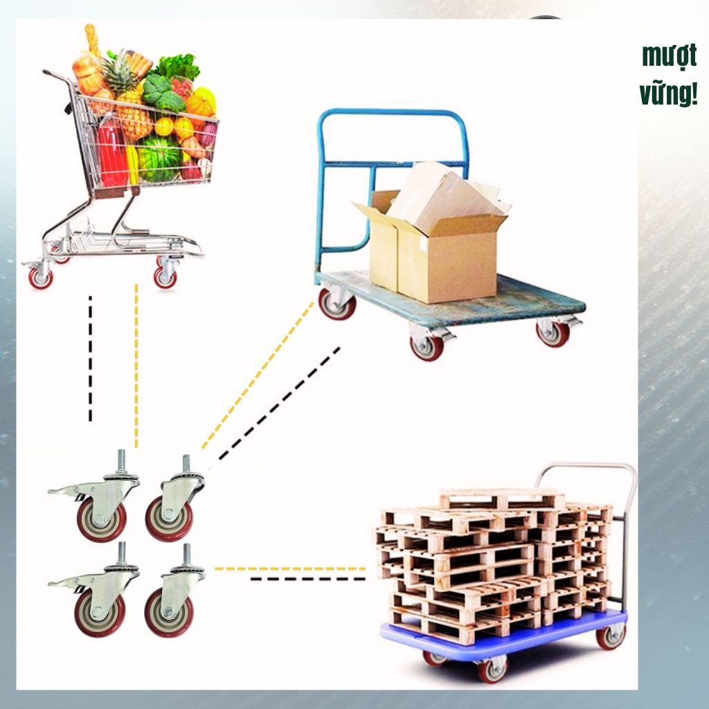 Bánh Xe PVC Đỏ Mận Cọc Vít M12 (D75, D100, D125)